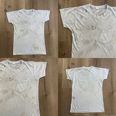 four t - shirts that have been left on the floor with paint splattered all over them