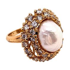 Retro Gold Cocktail Ring 1.8 Carat Natural Colorless Diamond and Pearl, circa 1950 Yellow Gold Cocktail Ring, Gold Cocktail Ring, Colorless Diamond, Gold Cocktail, Cocktail Ring, Cocktail Rings, Round Brilliant, Costume Jewelry, Gemstone Rings