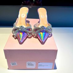 Worn Once, Gorgeous Mach & Mach Lilac Metallic Mules With Crystal Bows. Current Season, Size 7. Includes Box And Dust Bag. Retail $1250 Shoes Women Heels, Lilac, Dust Bag, Shoes Heels, Size 7, Women Shoes, Crystals, Heels, Purple