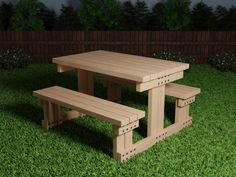 a wooden picnic table and benches in the grass