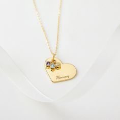 "★ PERSONALIZED HEART NECKLACE WITH BIRTHSTONES * Material: High Quality Solid 925 Sterling Silver * Dimensions: 15/16\"x3/4\"(23x18mm) * Finishing: Silver, Gold or Rose Gold. * Up to 6 stones * By default, silver items comes with BLACK engraving and gold-plated item comes with CLEAR engraving. * Product is safe for sensitive skin * All of our jewelry are handmade from scratch and packaged with care in our workshop ★ HOW TO ORDER & ADD PERSONALIZATION * Select your preferred color, number of engraving sides and necklace length from the menu. * Add item to cart and check out. Include in the \"Note to Seller\" box at checkout the name and birthstones you want * If you forget leave such note during check out, you can send us a message with your instructions by clicking \"Contact Shop Owner\" Heart-shaped Birthstone Jewelry For Mother's Day, Mother's Day Heart Shaped Birthstone Jewelry, Heart-shaped Hallmark Name Necklace For Birthday, Personalized Heart Birthstone Necklace For Mom, Heart Pendant Charm Necklace For Birthday And Mother's Day, Personalized Heart Birthstone Necklace For Mother's Day, Personalized Heart Cut Necklace For Mom, Mother's Day Sterling Silver Birthstone Necklace With Heart Charm, Heart-shaped Sterling Silver Birthstone Necklace For Birthday