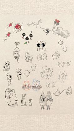 an image of various cartoon characters drawn on paper