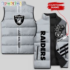 NFL Las Vegas Raiders Damn Right Sleeveless Down Jacket Introducing our Sleeveless Puffer Jacket, the perfect blend of warmth and style. Crafted with lightweight yet insulating materials, it offers comfort and versatility for transitional weather. The sleeveless design provides freedom of movement, while the puffer construction ensures maximum insulation without the bulk. Whether layered over a sweater or worn alone, this jacket adds a trendy edge to any outfit. Elevate your outerwear game wi... Winter Cold Weather Sleeveless Vest, Winter Sleeveless Vest For Cold Weather, Sleeveless Vest For Cold Weather And Winter, Sleeveless Vest For Winter Cold Weather, Sleeveless Vest For Cold Weather, Cold Weather Sleeveless Vest Outerwear, Sleeveless Puffer Vest For Cold Weather, Functional Sleeveless Outerwear For Fall, Winter Sweater Vest For Cold Weather