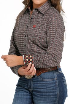 Women's Cinch MSW9164207 Multi-Colored Print Button Down Western Shirt CLOSEOUT Long Sleeve Button 100% Cotton Multi Print Black Buttons Contrast Trim Spread Collar 2 Button Cuff Embroidered Logo Left Chest Western Style Buttoned Tops For Fall, Western Style Tops With Buttons For Fall, Black Western Top With Button Closure, Western Long Sleeve Top With Button Closure, Western Brown Tops With Buttons, Western Style Brown Tops With Buttons, Brown Western Top With Buttons, Brown Western Style Top With Buttons, Western Style Tops With Button Closure For Fall