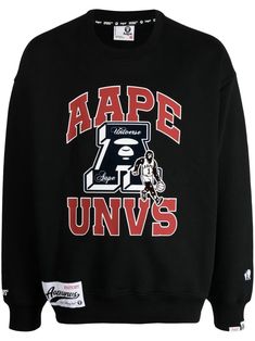 logo-print cotton sweatshirt from AAPE BY *A BATHING APE® featuring black/red, white, cotton blend, logo print to the front, logo patch to the side, graphic print to the front, crew neck, long sleeves and straight hem. Black Long Sleeve Sweatshirt With Logo Lettering, Black Cotton Sweatshirt With Logo, Black Long Sleeve Sweatshirt With Logo, Black Cotton Hoodie With Logo, Black Sweatshirt With Logo Lettering For Fall, Collegiate Streetwear Tops With Logo Print, Black Tops With Logo Lettering For Winter, Black Top With Logo Lettering For Winter, Black Crew Neck Hoodie With Logo Detail