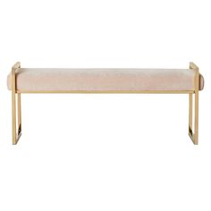 a gold bench with a pink upholstered seat