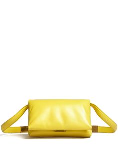 canary yellow calf leather polished finish puffball design embossed logo to the rear gold-tone hardware front flap closure clasp fastening adjustable shoulder strap internal zip-fastening pocket partitioned compartment full lining Luxury Purses, Canary Yellow, Designer Shoulder Bags, Embossed Logo, Shoulder Bag Women, Leather Shoulder Bag, Calf Leather, Shoulder Bags, Shoulder Strap