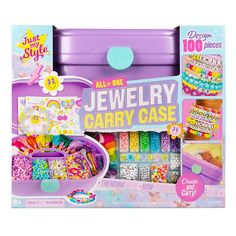 an assortment of jewelry and accessories in a purple box with the words, all one jewellery carry case