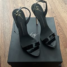 Giuseppe Zanotti - Black Patent Leather Platform Slingback Sandals. Buckle-Fastening Slingback Strap. Size: Eu 40.5 120mm (5inch) Heel With 10mm (0.4inch) Internal Platform. Material: 100% Leather Lining & Sole: Leather Condition: Brand New With Box And Bag Purchased On Sale Direct From Designer. Designer Slingback Sandals With Sculpted Heel, Designer Slingback Pumps With Heel Strap For Evening, Designer Evening Slingback Pumps With Heel Strap, Chic Open Toe Slingback Pumps For Cocktail, Chic Black Slingback Pumps For Cocktail, Luxury Open Toe Slingback Pumps With Heel Strap, Evening Open Toe Slingback Pumps With Branded Heel, Black High Heel Slingback Pumps For Cocktail, Leather Fitted Slingback Sandals For Party