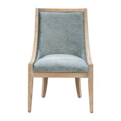 a wooden chair with a blue upholstered seat and back rest on a white background