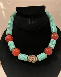 Vintage Turquoise Heishi Beads, Tibetan Agate and Tibetan Silver Double Dragon Bead Necklace, with a large Steel Spring Ring Clasp. 18 inches long. New necklace made from Vintage and Antique Beads. Agate is carved melon shaped, 1940's. Turquoise Heishi are 14mm, blue/green in color, few inclusions. Length can be customized upon request. Double Dragon, Portland Me, Hippie Necklace, Heishi Beads, Vintage Turquoise, Bead Necklace, Chain Styles, Spring Rings, Melon