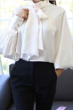 Shop this White Lantern Sleeves Chiffon Pullover Top from our Tops collection. Pradize.com | Online Boutique Fashion Store White Bow Tie, Bow Tie Blouse, Lantern Sleeved Blouses, The Office Shirts, Bishop Sleeve, Satin Blouse, Tie Blouse, Loose Blouse, Lantern Sleeve