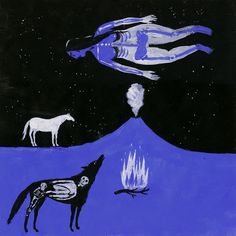 an image of two horses and a man in the night sky with stars above them