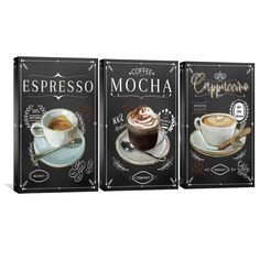 three coffee menus with different types of drinks on them and the words espresso, cappuccino and cappuno