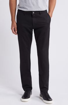 Slim and streamlined from thigh to hem, these smart-casual pants are cut from stretchy, breathable twill that looks great at work or on the weekend. 32" inseam; 14 1/2" leg opening; 10" front rise Zip fly with button closure Front slant pockets; back welt pockets 56% cotton, 40% viscose, 4% Lycra® spandex Machine wash, line dry Imported Black Slim Fit Elastane Pants, Black Slim Fit Work Pants For Business Casual, Business Casual Slim Fit Elastane Bottoms, Business Black Chinos With Welt Pockets, Black Chinos With Welt Pockets For Business, Black Straight Chinos For Business, Slim Fit Straight Leg Elastane Dress Pants, Slim Fit Elastane Dress Pants With Straight Leg, Black Slim Fit Straight Leg Chinos