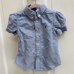 New Without Tags, Never Worn Cute Blue Button-up Shirt, Cute Denim Blue Cotton Tops, Fitted Casual Shirt For Playtime, Fitted Tops With Buttons For Playtime, Blue Tops With Buttons For Playtime, Cute Blue Button-up Top, Cute Fitted Blue Shirt, Cute Blue Collared Shirt, Fitted Cute Ralph Lauren Tops