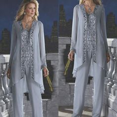 Mother Of The Bride Groom 3 Piece Pant Suit Silver Chiffon Beach Wedding Mothers Dress Long Sleeves Beads Formal Evening Wear sold by Wedding store. Shop more products from Wedding store on Storenvy, the home of independent small businesses all over the world. Wedding Mothers Dress, Mother Of The Groom Suits, Mother Of The Bride Trousers, Jacket Dresses Formal, Mother Of The Bride Suits, Wedding Pants, Bride Suit, Chiffon Pants, Mother Of Bride Outfits