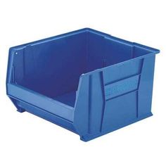 a blue plastic storage bin with handles