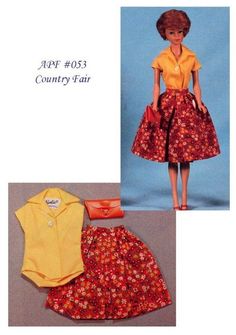 the doll is wearing a yellow shirt and red skirt with flowers on it, while holding a purse