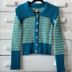 Blue And Aqua Green Free People Cardigan. Never Worn! Soft And Fuzzy To The Touch. Size Small. Cozy Fitted Blue Sweater, Fitted Blue Cardigan For Fall, Fitted Cozy Blue Outerwear, Fitted Blue Cozy Outerwear, Cozy Blue Fitted Outerwear, Blue Fitted Warm Outerwear, Blue Cozy Cardigan With Buttons, Cozy Blue Cardigan With Buttons, Fitted Light Blue Cardigan For Winter