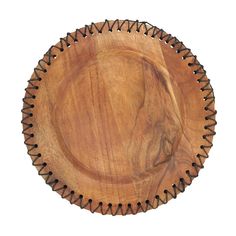 a wooden plate with metal spikes on the rim and sides, isolated against a white background