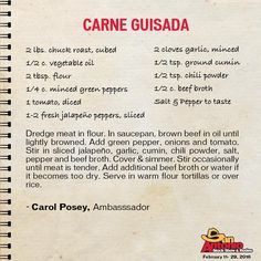 the recipe for carne gusada is shown in red and black text on a white background