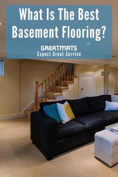 What is the best basement flooring options? with a picture of a basement staircase in the background. Gym Bedroom, Basement Floor Ideas, Organization By Room, Room Gym, Workout Room