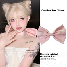 Color: Pink Bow Cute Head Accessories, Coquette Accesorios, Bunny Makeup Look, Halloween Moodboard, Colored Bangs, Mitsuri Cosplay, Bun Bow, Bunny Makeup, Pink Cosplay