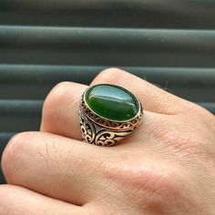 Silver Jade Stone Ring, Men Green Jade Stone Ottoman Ring, Handmade Green Jade Ring, Natural Jade Ottoman Style Ring, 925k Sterling Silver ★Item Details * Gender : Male / Female * Material : 925K Sterling Silver * Total weight :  17 Grams * Gemstone : Jade  Stone ✔ Ready to Ship in 1-2 Business Days .. ✔ Shipped to the Worldwide 1-5 business days with free shipping... ✔ The product will be sent to you with a handmade wooden box to avoid any damage during shipping... ✔ Visit our store, browse oth Jade Ottoman, Stone Ring Men, Green Jade Ring, Handmade Wooden Boxes, Ottoman Styling, Ring Men, Jade Ring, Natural Jade, Jade Stone