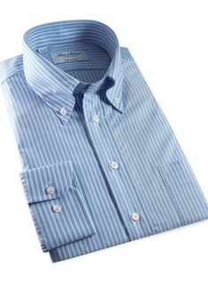 140s Oxford Button Down in Blue with White Bengal Stripe - The Ben Silver Collection Ben Silver, British Traditions, French Cuff Shirts, Standard Dress, Silver Collection, Collar Stays, Button Down Collar, Shirt Collar, Collar Shirts