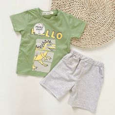 Green shirt yellow T-rex dinosaur top and heather gray shorts Cotton Dinosaur Print Sets With Short Sleeves, Cotton Sets With Dinosaur Print And Short Sleeves, Casual Green Dinosaur Print Sets, Casual Green Sets With Dinosaur Print, Green Dinosaur Print T-shirt For Summer, Green Dinosaur Print Summer T-shirt, Lake Town, Baby Weeks, Son Clothes