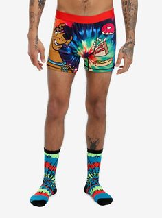 Get ready to solve your next mystery in this Scooby-Doo! set! Includes tie-dye boxer briefs depicting Scooby and snacks  plus tie-dye crew socks.Please note: Wash pattern may vary.Briefs: 92% polyester; 8% spandexBriefs: XS: 24-26; S: 28-30; M: 32-34; L: 36-38; XL: 40-42Socks: Fits men's shoe size 8 - 12 12Socks: 97% polyester; 3% spandexIncludes boxer briefs & socksImportedModel wears size Large Casual Multicolor Multi-pack Boxer Briefs, Scooby Doo Snacks, Cartoon Man, Men's Shoe, Cartoon Tv, Men Shoes Size, Boxer Briefs, Hot Topic, Crew Socks