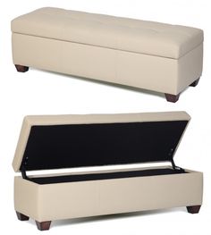 a white leather bench with an open lid and black lining on the bottom, sitting in front of a white background