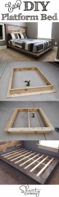 diy platform bed frame made from pallet wood with text overlay that says easy diy platform bed