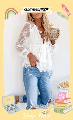 Sheer Lace V Neck Bow Tie Blouse