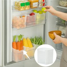 a woman is holding a bowl in front of an open refrigerator door with vegetables and fruits