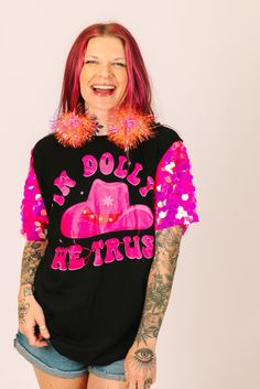 Be the life of the party with our party tees. These shirts got a glow-up with some sequin sleeves patterned from the original to ensure a perfect fit. Get ready to party in our sequin sleeve party tee! In Dolly We Trust, Caftan Tunic, Sequin Sleeve, Pride Outfit, Life Of The Party, Sleeves Pattern, Matching Sets, Get Ready, Music Festival