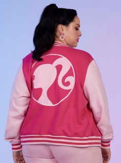 If you're partying with Barbie late into the night you'll want to bring this cozy jacket with ya! This Barbie varsity jacket has the logo embroidered in pink on the chest and Barbie's silhouette embroidered on the back. Comes with welt pockets pink & magenta varsity stripes and snap button closures down the center. Barbie Letterman Jacket, Barbie Varsity Jacket, Trendy Pink Varsity Jacket For Streetwear, Pink Long Sleeve Varsity Jacket For Streetwear, Pink Hooded Varsity Jacket For Streetwear, Pink Spring Varsity Jacket For Streetwear, Pink Varsity Jacket For Spring Streetwear, Spring Trendy Hooded Varsity Jacket, Pink Crew Neck Outerwear With Letter Print