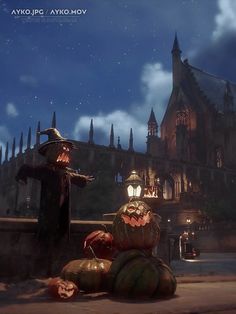 two pumpkins sitting on the ground in front of an old building at night with a creepy man standing next to them