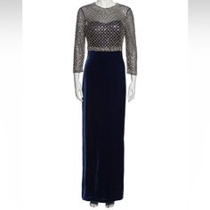 Beautiful Deep Blue Velvet Gown With Beaded And Sequin Accents. Blue Floor-length Evening Dress For Holiday, Blue Embellished Evening Dress, Luxury Silver Evening Dress For Gala, Blue Evening Dress For Wedding And Holiday, Luxury Silver Evening Dress, Elegant Blue Embellished Evening Dress, Elegant Silver Evening Dress For Festive Occasions, Luxury Silver Dresses For Festive Occasions, Luxury Silver Dress For Festive Occasions