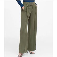 Banana Republic Washable Stretch High Rise Wide Leg Performance Utility Pants 4r Nwt Chic Green Bottoms With Tie Waist, Chic Green Tie-waist Bottoms, Wide Leg Trousers With Tie Waist For Workwear, Chic Green Wide Leg Pants With Belt Loops, High Waist Belted Versatile Pants, Wide-leg Tie Waist Pants For Work, Versatile High Waist Belted Pants, Chic Full Length Khaki Wide Leg Pants, Versatile Straight Pants With Tie Waist