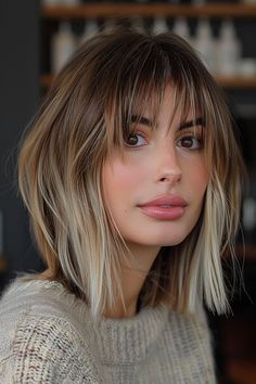 Best Haircuts and Hairstyles with Bangs in 2024 New Haircut Poses, Angel Bangs Hair, Shoulder Length With Fringe Bangs, Fall Bangs Haircut, Haircuts Fine Hair Medium, Wispy Lob Haircut, Aline Haircut Medium With Bangs, Modern Choppy Bob, Womens Haircut With Bangs