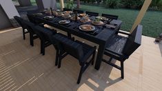 an outdoor dining table set with plates and bowls on it