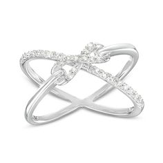 Make a statement with the smart and modern details of this diamond infinity orbit ring. Crafted in sterling silver A diamond-lined infinity symbol shape connects polished ribbons at the center. Crossing underneath, a diamond-lined ribbon completes this "X"-shaped orbit design. This ring shines with 1/5 ct. t.w. of diamonds. Available in size 7 only. Diamond Infinity Ring With Vs Clarity, Luxury Infinity Diamond Ring With Accents, Silver Infinity Diamond Ring With Accents, Luxury Infinity Diamond Promise Ring, Sterling Silver Infinity Diamond Ring With Accents, Vs Clarity Diamond Infinity Jewelry, White Gold Infinity Cubic Zirconia Diamond Ring, Luxury White Gold Infinity Diamond Ring, Silver Diamond Ring With A Modern Twist