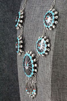 This Zuni Sunface set featuring turquoise, onyx, mother of pearl, coral, opalite and sterling silver inlay necklace, earrings, ring and bracelet was made by Zuni silversmith Abel Soseeah. The set is signed.Necklace: 18"Pendant Length: 2 5/8"Pendant Width: 1 3/4"Earrings:Length: 2 3/4"Width: 1 1/4"Bracelet:Size: 5 5/8" (will fit up to a 6 5/8" wrist)Gap: 1"Width: 1 5/8"Ring:Size 7.5Width: 1 1/4Length: 1 1/4Free shipping on all orders! We ship with USPS and always include tracking. All orders ship 4 Earrings, Ring And Bracelet, Zuni Jewelry, American Jewelry, Multi Stone, Native American Jewelry, Turquoise Jewelry, Necklace Earrings, Bracelet Sizes