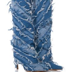 The Azalea Wang " Shredded Pleasure " Fold Over Boot In Denim Is An Unabashedly Edgy Jean Boot Featuring A Pointed Toe Silhouette, Raw Hem Detailing, Diagonal Stripe Patterning Throughout, And A Unique Fold Over Shaft. Complete With A Knee High Shaft, A Slim Stiletto Heel, And A Pull On Fit. - Denim Upper - Pointed Toe - Stiletto Heel - 14.5” Shaft Height - 4” Heel Height - 14" Calf Circumference - Imported Red Velvet Boots, Edgy Jeans, Torrid Boots, Burberry Boots, White Cowgirl Boots, Fold Over Boots, Black Leather Riding Boots, Sam Edelman Boots, Brown Suede Heels