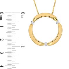 Elevate your look with charming detail when you wear this diamond collar circle pendant in 14K gold. Fashioned in 14K gold Three diamond-accent collars wrap the polished open circle to create bow-like details. Captivating with 1/20 ct. t.w. of diamonds This pendant suspends along an 18.0-inch cable chain that secures with a spring-ring clasp. Gold Circular Diamond Necklace, Gold Diamond Circular Necklace, Yellow Gold Circle Fine Jewelry, Gold Circle Jewelry With Brilliant Cut, Gold Brilliant Cut Circle Jewelry, Gold Jewelry With Brilliant Cut Circle, Gold Jewelry With Brilliant Cut, Yellow Gold Diamond Necklace With Round Stone For Anniversary, Yellow Gold Circular Diamond Necklace