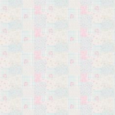 a blue, pink and white checkered wallpaper with small flowers on the side