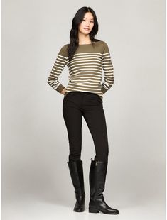 Tommy Hilfiger women's sweater. Made from a premium cotton blend in a flattering, easy fit, our stripe sweater is a soft, comfortable layer. This version is styled in a clean, boatneck silhouette with our microflag at the chest.  Material: 67% Cotton 33% Nylon. Spring Sweater With Horizontal Stripe Pattern, Winter Sweater With Horizontal Stripes, Cotton Sweater With Striped Hem For Fall, Striped Sweater For Workwear In Fall, Fall Workwear Sweater With Striped Hem, Striped Sweater For Work In Fall, Fall Horizontal Stripe Pattern Top For Layering, Tommy Hilfiger Sweater With Ribbed Cuffs For Fall, Tommy Hilfiger Fall Sweater With Ribbed Cuffs