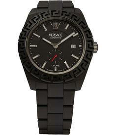 From Versace&#x2C; the Men's DV One Automatic Black Ceramic Bracelet Watch features: Black ceramic braceletDeployant closureBlack matte dial Three-hand date automatic movement Case size approx. 43mmWater resistance: 5 ATMSwiss made Imported. Black Chronometer Watch Accessory With Rectangular Dial, Designer Black Watch With Skeleton Dial, Designer Black Watches With Subdials, Elegant Black Watch Bands With Date Indicator, Luxury Black Watch With Skeleton Dial, Luxury Black Chronograph Watch With Date Indicator, Luxury Black Watches With Date Indicator, Designer Black Analog Watches, Luxury Black Watches